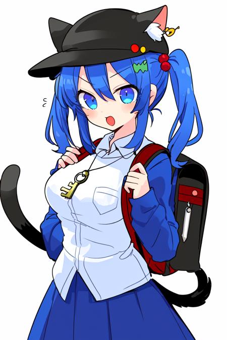 05660-842974127-skistyle, 1girl, kawashiro nitori, animal ears, blue shirt, blue hair, blue skirt, shirt, hat, skirt, green headwear, cat ears,.png